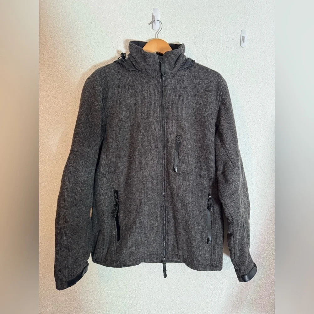 STS Ranch Wear wool blend Men's Gray coat Jacket hidden hood Medium